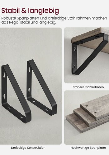 VASAGLE Sv�vende hylder i industrielt design, s�t med 3 v�gmonterede, robuste hylder til udstilling, stue, badev�relse, k�kken, gr�, sort LWS033B02
