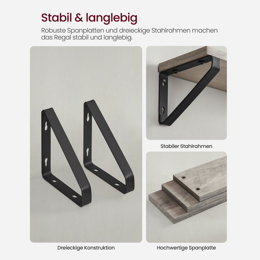 VASAGLE Sv�vende hylder i industrielt design, s�t med 3 v�gmonterede, robuste hylder til udstilling, stue, badev�relse, k�kken, gr�, sort LWS033B02
