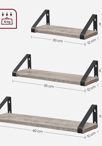 VASAGLE Sv�vende hylder i industrielt design, s�t med 3 v�gmonterede, robuste hylder til udstilling, stue, badev�relse, k�kken, gr�, sort LWS033B02
