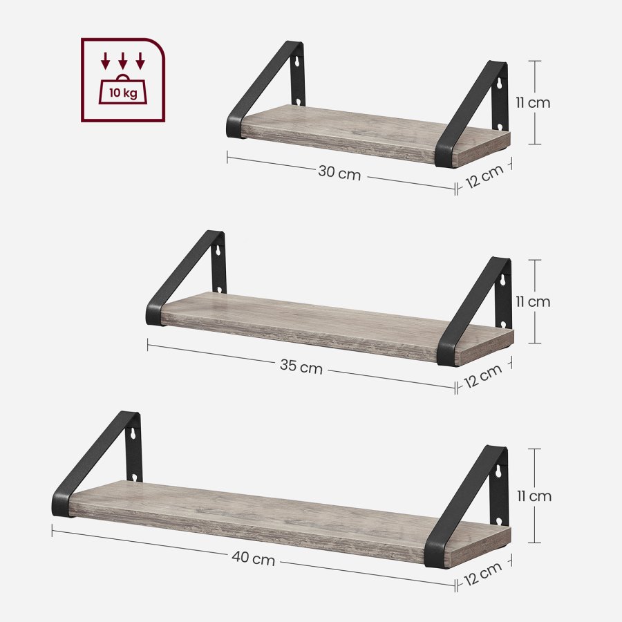 VASAGLE Sv�vende hylder i industrielt design, s�t med 3 v�gmonterede, robuste hylder til udstilling, stue, badev�relse, k�kken, gr�, sort LWS033B02
