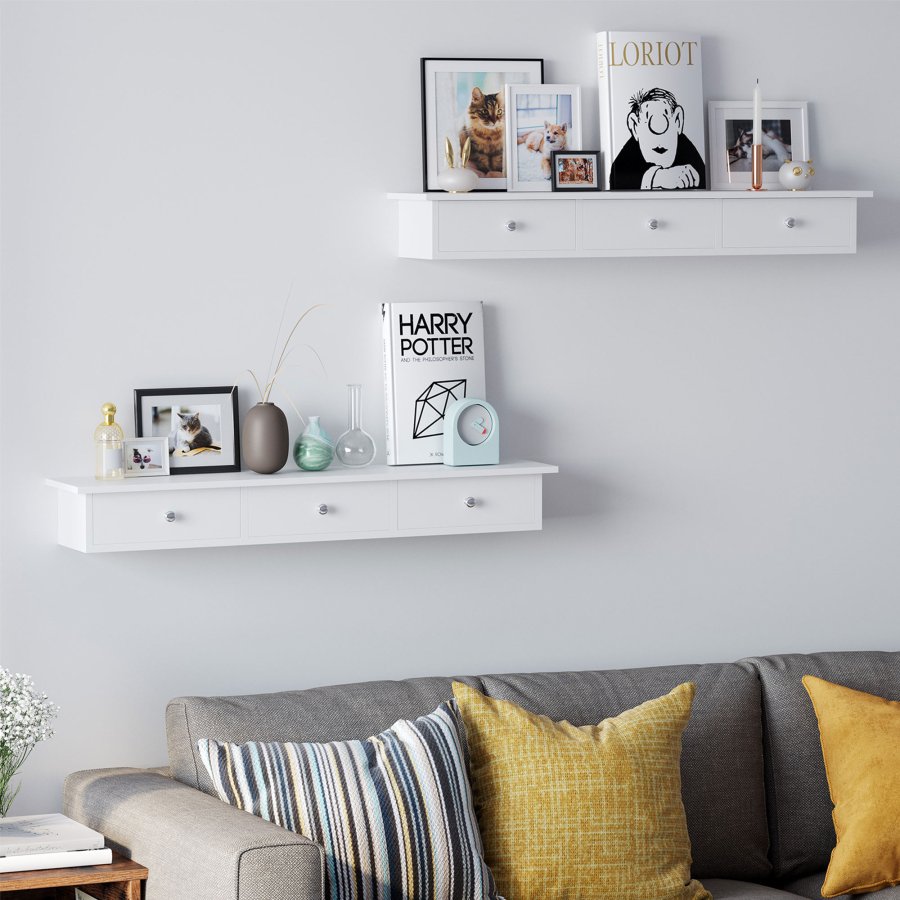 SONGMICS sv�vende v�greol med 3 skuffer, opbevaringshylde til entr&eacute;, 80 x 15 x 10 cm, stue, sovev�relse, k�kken, h�jglansmaling, hvid LWS085W01