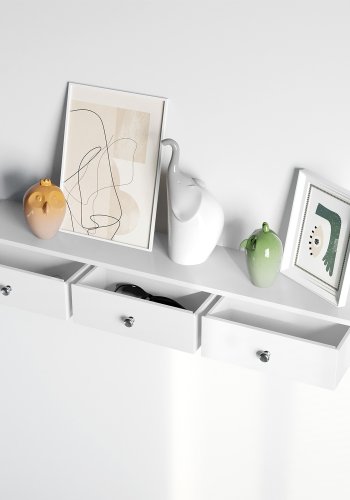SONGMICS sv�vende v�greol med 3 skuffer, opbevaringshylde til entr&eacute;, 80 x 15 x 10 cm, stue, sovev�relse, k�kken, h�jglansmaling, hvid LWS085W01