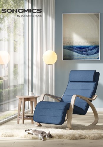 SONGMICS LYY010Q01 gyngestol, m. arml�n, justerbar fodst�tte i 5 pos. - midnatsbl� bomuld/polyester stof og natur birketr�