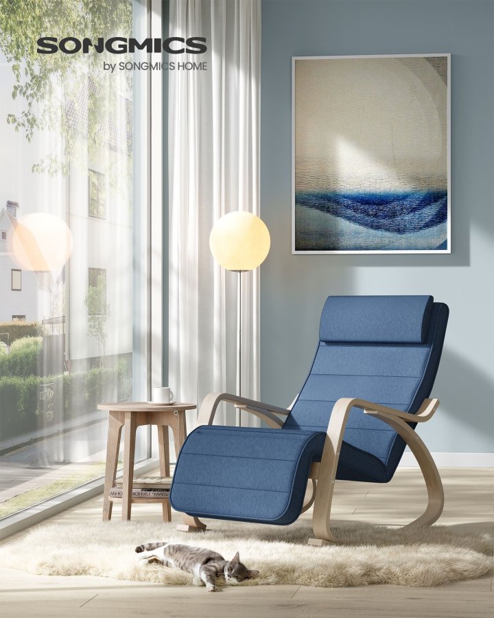 SONGMICS LYY010Q01 gyngestol, m. arml�n, justerbar fodst�tte i 5 pos. - midnatsbl� bomuld/polyester stof og natur birketr�