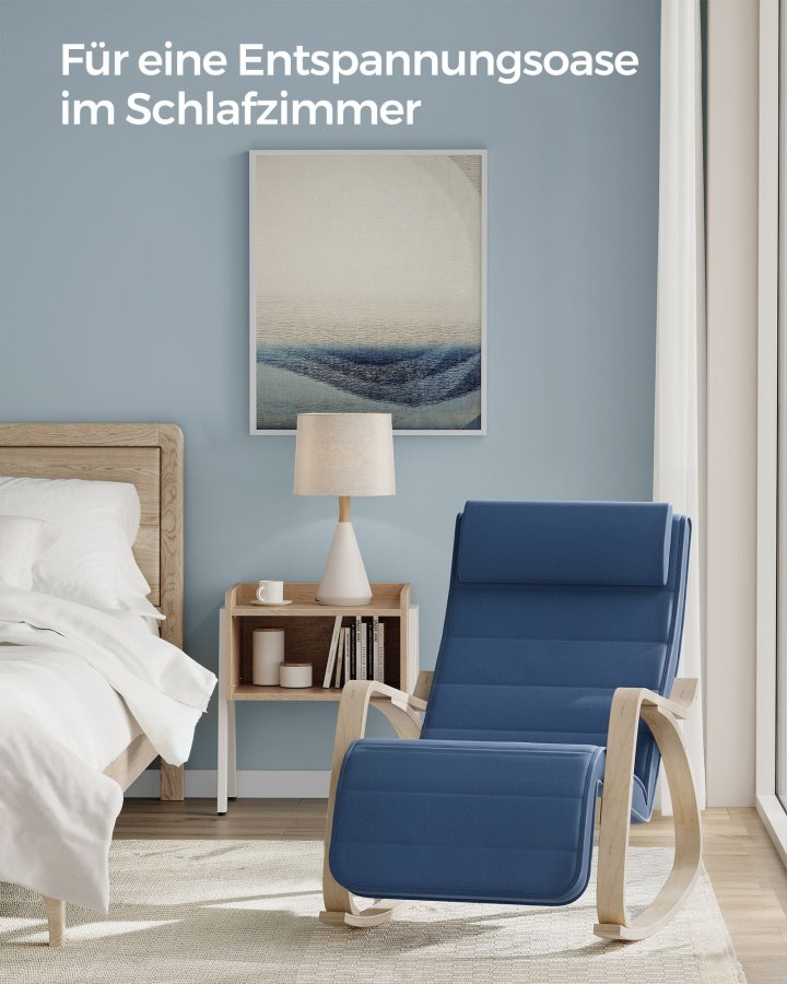 SONGMICS LYY010Q01 gyngestol, m. arml�n, justerbar fodst�tte i 5 pos. - midnatsbl� bomuld/polyester stof og natur birketr�