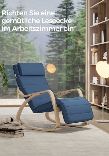 SONGMICS LYY010Q01 gyngestol, m. arml�n, justerbar fodst�tte i 5 pos. - midnatsbl� bomuld/polyester stof og natur birketr�