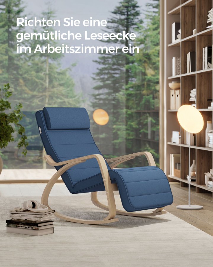 SONGMICS LYY010Q01 gyngestol, m. arml�n, justerbar fodst�tte i 5 pos. - midnatsbl� bomuld/polyester stof og natur birketr�