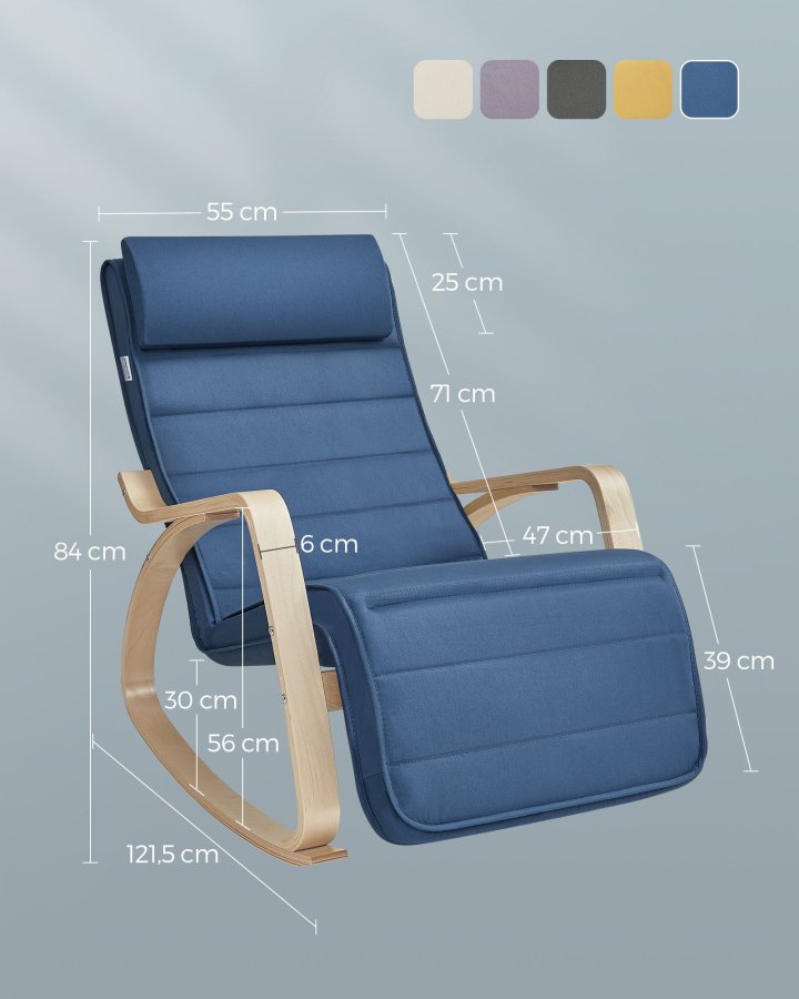 SONGMICS LYY010Q01 gyngestol, m. arml�n, justerbar fodst�tte i 5 pos. - midnatsbl� bomuld/polyester stof og natur birketr�