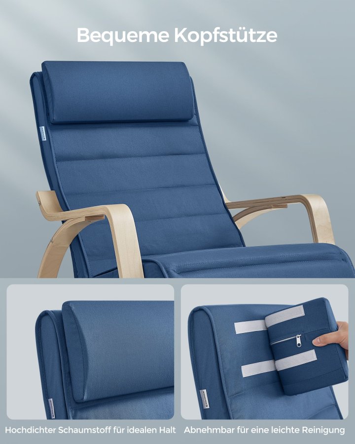 SONGMICS LYY010Q01 gyngestol, m. arml�n, justerbar fodst�tte i 5 pos. - midnatsbl� bomuld/polyester stof og natur birketr�