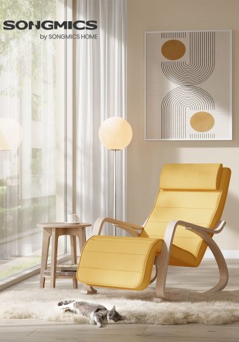 SONGMICS LYY010Y01 gyngestol, m. arml�n, justerbar fodst�tte i 5 pos. - pastelgul bomuld/polyester stof og natur birketr�