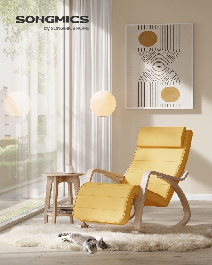 SONGMICS LYY010Y01 gyngestol, m. arml�n, justerbar fodst�tte i 5 pos. - pastelgul bomuld/polyester stof og natur birketr�