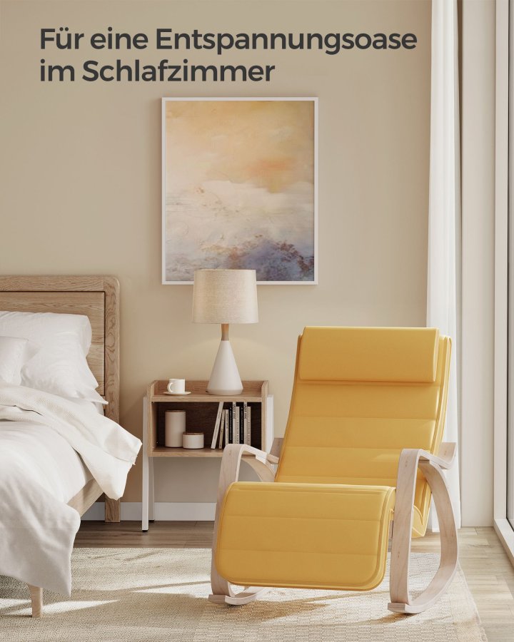 SONGMICS LYY010Y01 gyngestol, m. arml�n, justerbar fodst�tte i 5 pos. - pastelgul bomuld/polyester stof og natur birketr�