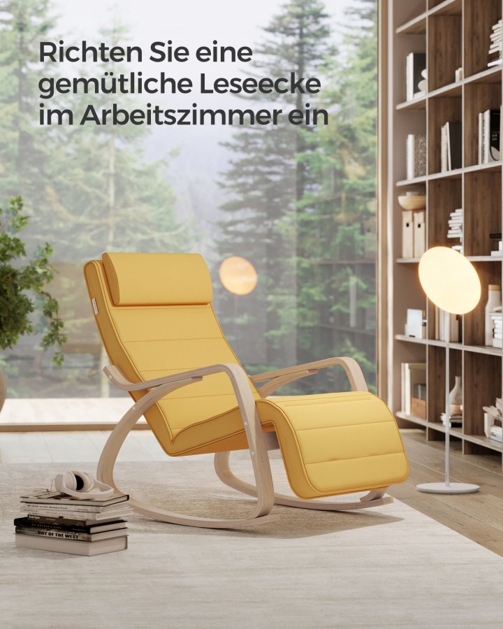 SONGMICS LYY010Y01 gyngestol, m. arml�n, justerbar fodst�tte i 5 pos. - pastelgul bomuld/polyester stof og natur birketr�