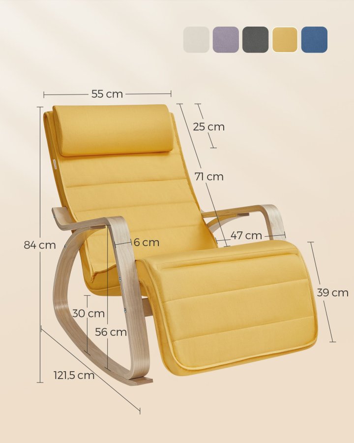 SONGMICS LYY010Y01 gyngestol, m. arml�n, justerbar fodst�tte i 5 pos. - pastelgul bomuld/polyester stof og natur birketr�