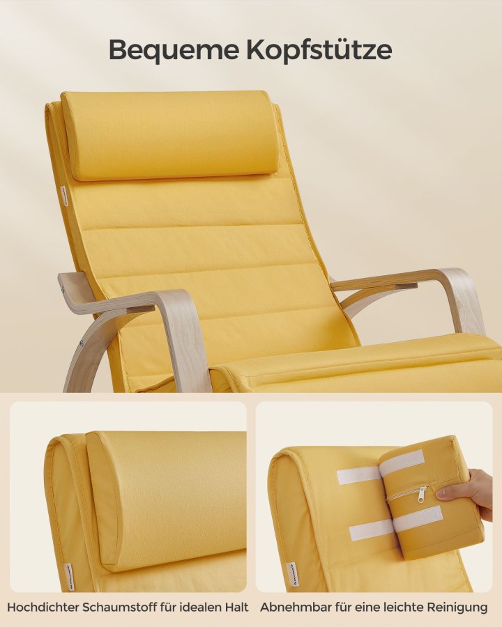 SONGMICS LYY010Y01 gyngestol, m. arml�n, justerbar fodst�tte i 5 pos. - pastelgul bomuld/polyester stof og natur birketr�