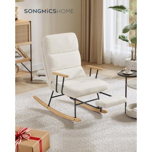 SONGMICS HOME LYY016W01 Gyngestol, ben af gummitr�, plysstof, gyngestol, justerbar rygl�n med 4 positioner, underst�tter op til 160 kg, til sovev�relse, stue, cremehvid LYY016W01