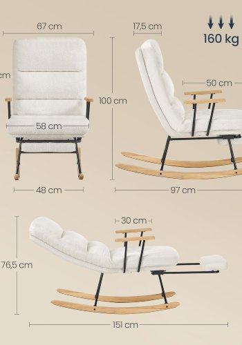 SONGMICS HOME LYY016W01 Gyngestol, ben af gummitr�, plysstof, gyngestol, justerbar rygl�n med 4 positioner, underst�tter op til 160 kg, til sovev�relse, stue, cremehvid LYY016W01