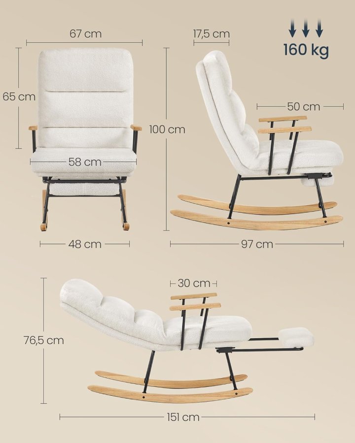 SONGMICS HOME LYY016W01 Gyngestol, ben af gummitr�, plysstof, gyngestol, justerbar rygl�n med 4 positioner, underst�tter op til 160 kg, til sovev�relse, stue, cremehvid LYY016W01