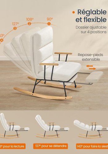 SONGMICS HOME LYY016W01 Gyngestol, ben af gummitr�, plysstof, gyngestol, justerbar rygl�n med 4 positioner, underst�tter op til 160 kg, til sovev�relse, stue, cremehvid LYY016W01