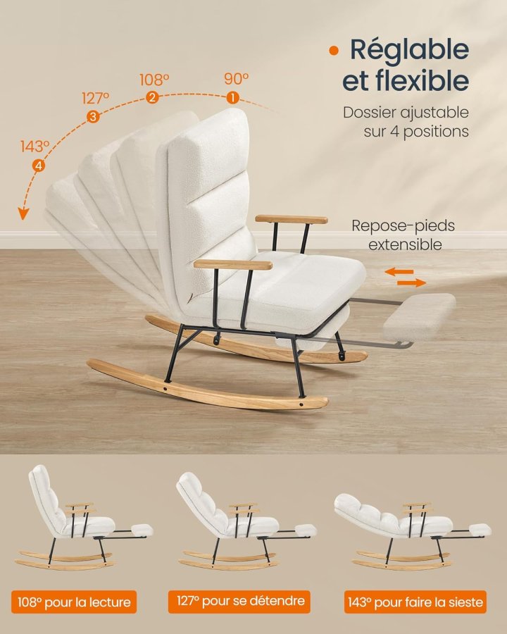 SONGMICS HOME LYY016W01 Gyngestol, ben af gummitr�, plysstof, gyngestol, justerbar rygl�n med 4 positioner, underst�tter op til 160 kg, til sovev�relse, stue, cremehvid LYY016W01