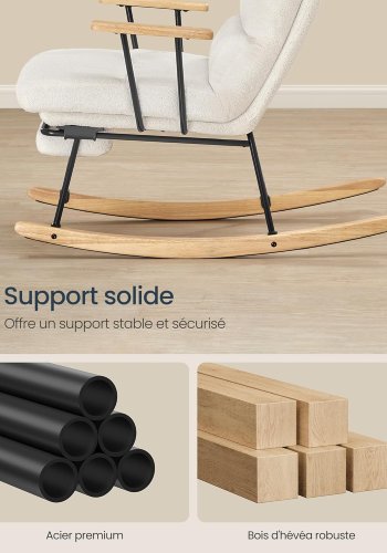 SONGMICS HOME LYY016W01 Gyngestol, ben af gummitr�, plysstof, gyngestol, justerbar rygl�n med 4 positioner, underst�tter op til 160 kg, til sovev�relse, stue, cremehvid LYY016W01