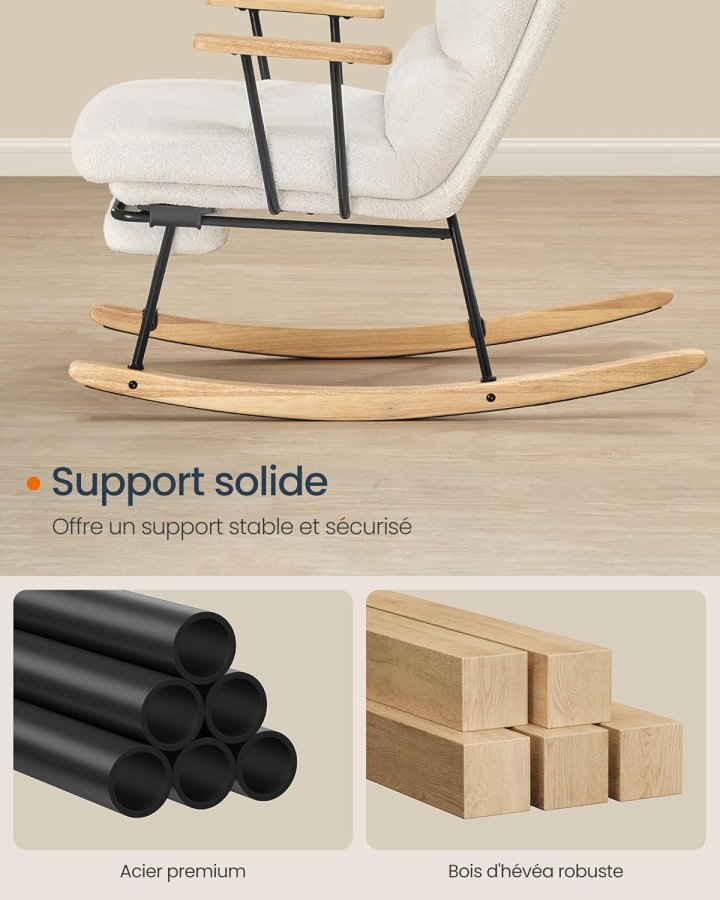 SONGMICS HOME LYY016W01 Gyngestol, ben af gummitr�, plysstof, gyngestol, justerbar rygl�n med 4 positioner, underst�tter op til 160 kg, til sovev�relse, stue, cremehvid LYY016W01