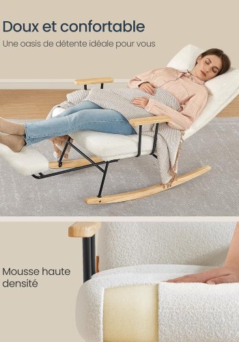 SONGMICS HOME LYY016W01 Gyngestol, ben af gummitr�, plysstof, gyngestol, justerbar rygl�n med 4 positioner, underst�tter op til 160 kg, til sovev�relse, stue, cremehvid LYY016W01