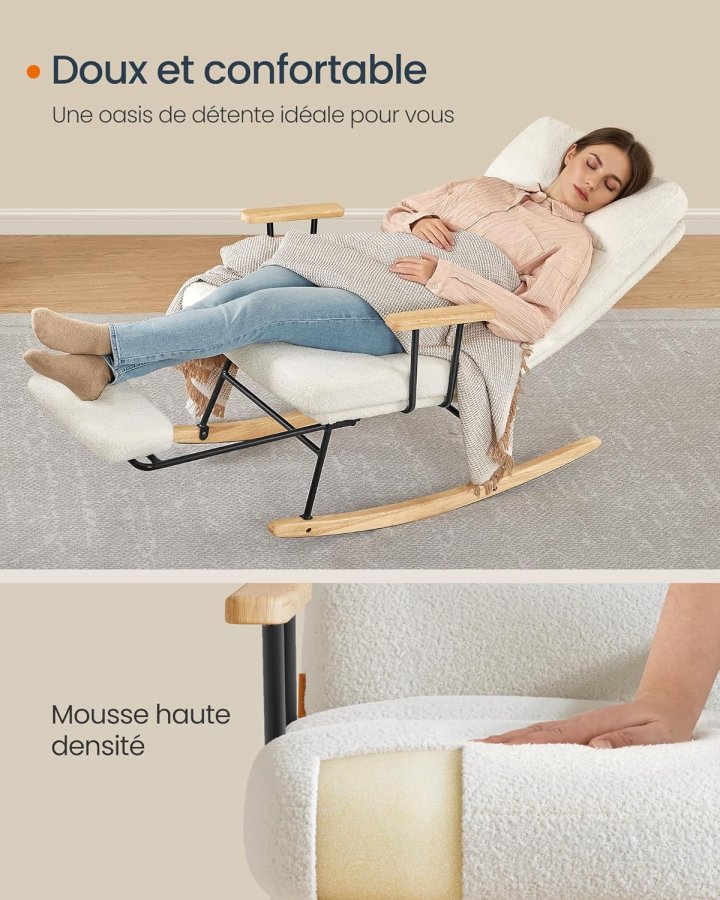 SONGMICS HOME LYY016W01 Gyngestol, ben af gummitr�, plysstof, gyngestol, justerbar rygl�n med 4 positioner, underst�tter op til 160 kg, til sovev�relse, stue, cremehvid LYY016W01