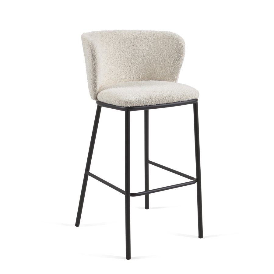 KAVE HOME Ciselia barstol, m. rygl�n og fodst�tte - hvid shearling stof og sort st�l