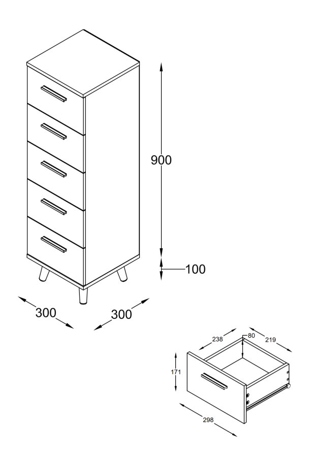 VCM NORDIC Landos M Kommode Badezimmerschrank, m. 5 Schubladen - Weiß/Natur Melamin