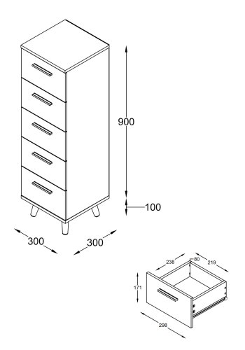 VCM NORDIC Landos M Kommode Badezimmerschrank, mit 5 Schubladen - Weiß/Anthrazitgrau Melamin