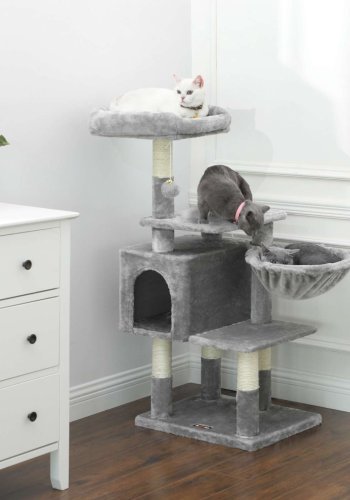 FEANDREA kradsetr� til katte, m. platform, hule, h�ngek�je - lysegr� plys/sisal (H:110)