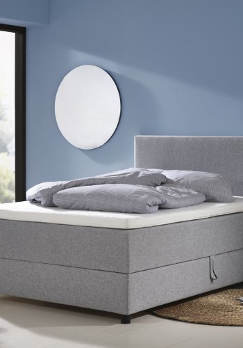  Space Dreams sengebunn, m. oppbevaring, m. overmadrass - lysegr stoff og sort tre (200x120)