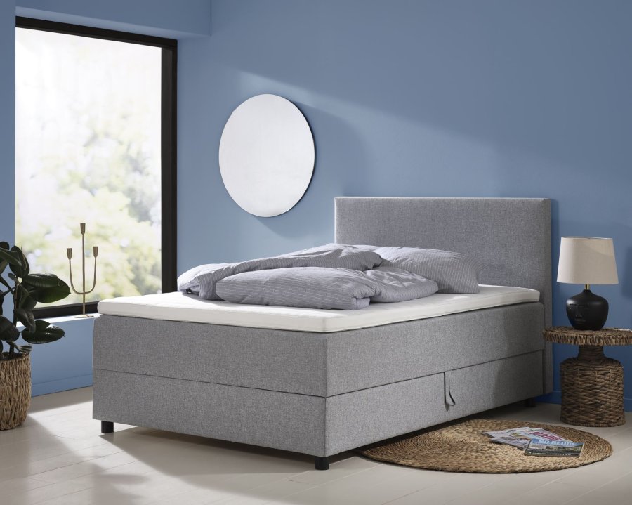 Space Dreams sengebunn, m. oppbevaring, m. overmadrass - antrasittgr stoff og sort tre (200x160)