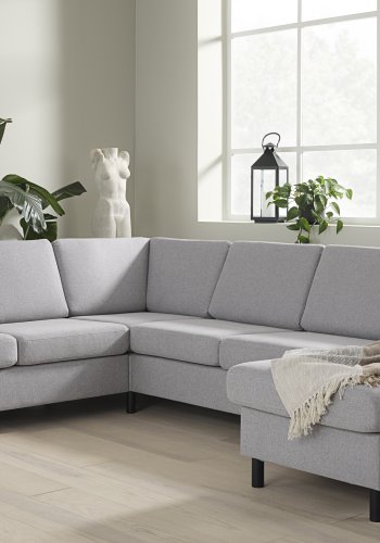 Pannesett 6 U 2C3D sofa med sjeselong - grtt polyesterstoff og sort tre