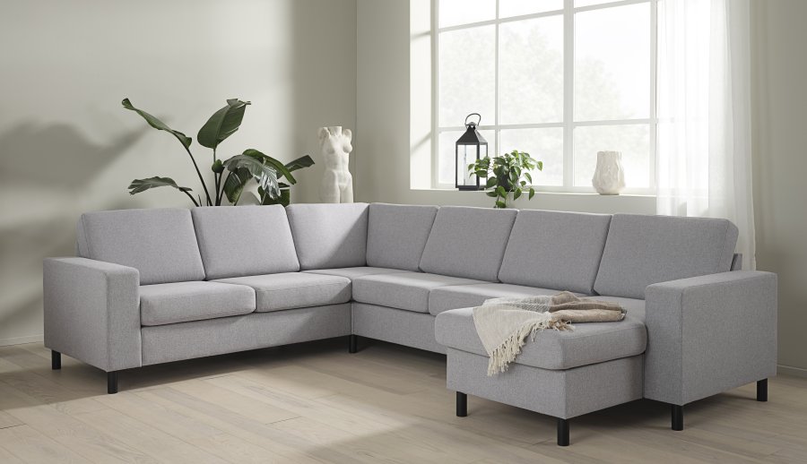 Pannesett 6 U 2C3D sofa med sjeselong - grtt polyesterstoff og sort tre