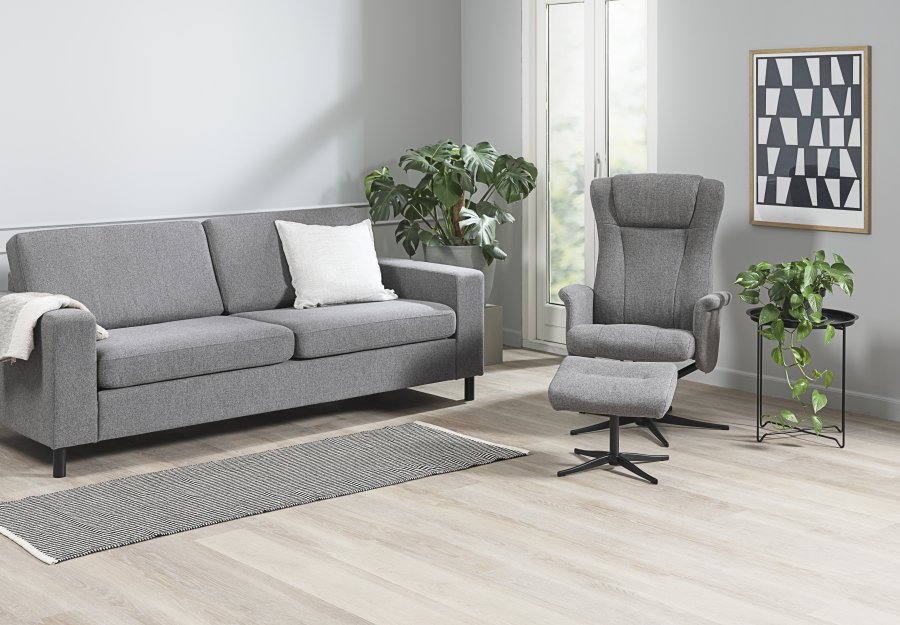 Pan 2,5-Sitzer-Sofa – grauer Polyesterstoff und schwarzes Holz