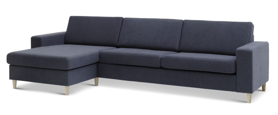Pannesett 8 3D XL sofa, med sjeselong - bltt polyesterstoff og naturlig tre