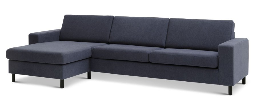Pannesett 8 3D XL sofa, m. sjeselong - bl polyesterstoff og sort tre