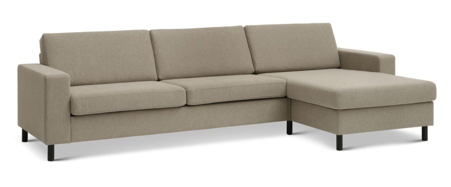 Pannesett 8 3D XL sofa, m. sjeselong - antilope beige polyesterstoff og sort tre
