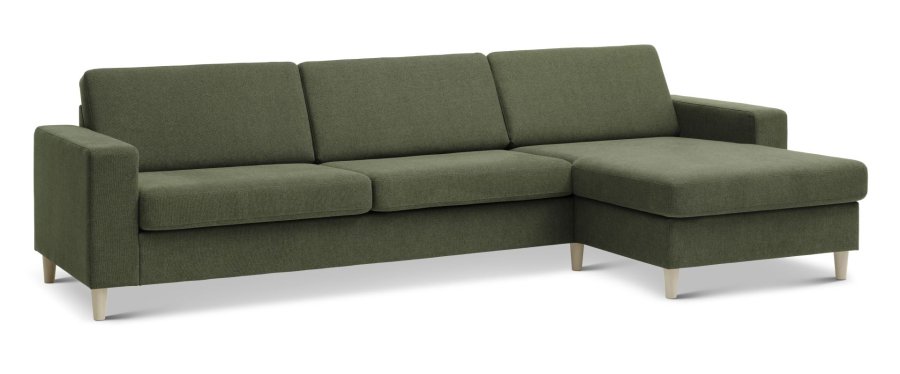 Pannesett 8 3D XL sofa, m. sjeselong - vinter mosegrnt polyesterstoff og naturlig tre