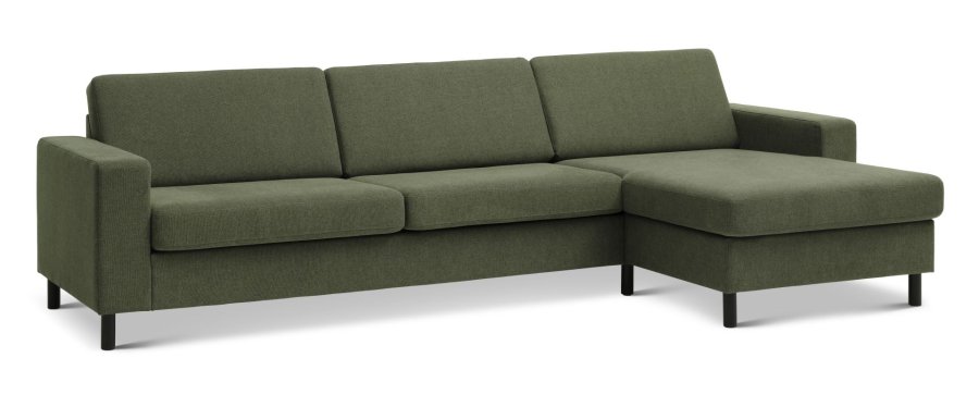 Pannesett 8 3D XL sofa, m. sjeselong - vinter mosegrnt polyesterstoff og sort tre