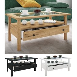 Lingis L sofabord, m. 1 skuffe - glas og hvid tr (90x53,5)