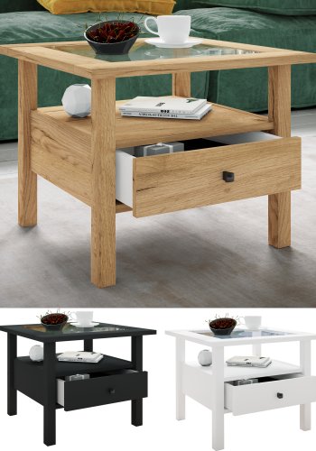VCM NORDIC Lingis M Couchtisch, m. 1 Schublade - Glas und weißes Holz (53,5x53,5)