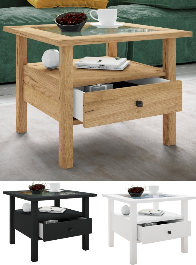 VCM NORDIC Lingis M Couchtisch, m. 1 Schublade - Glas und weißes Holz (53,5x53,5)