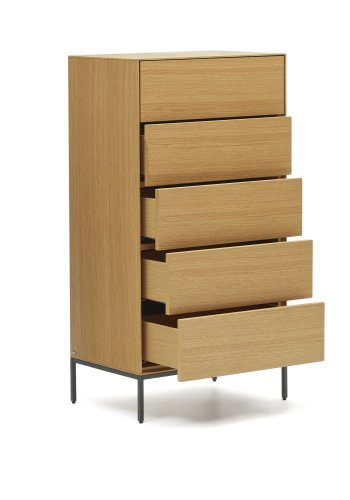 KAVE HOME Vedrana kommode, m. 5 skuffer - naturlig eikefiner og sort stl