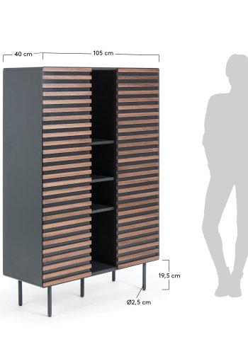 KAVE HOME Mahon skap - valnttfiner og grsvart metall og tre, m. 2 drer og 14 hyller