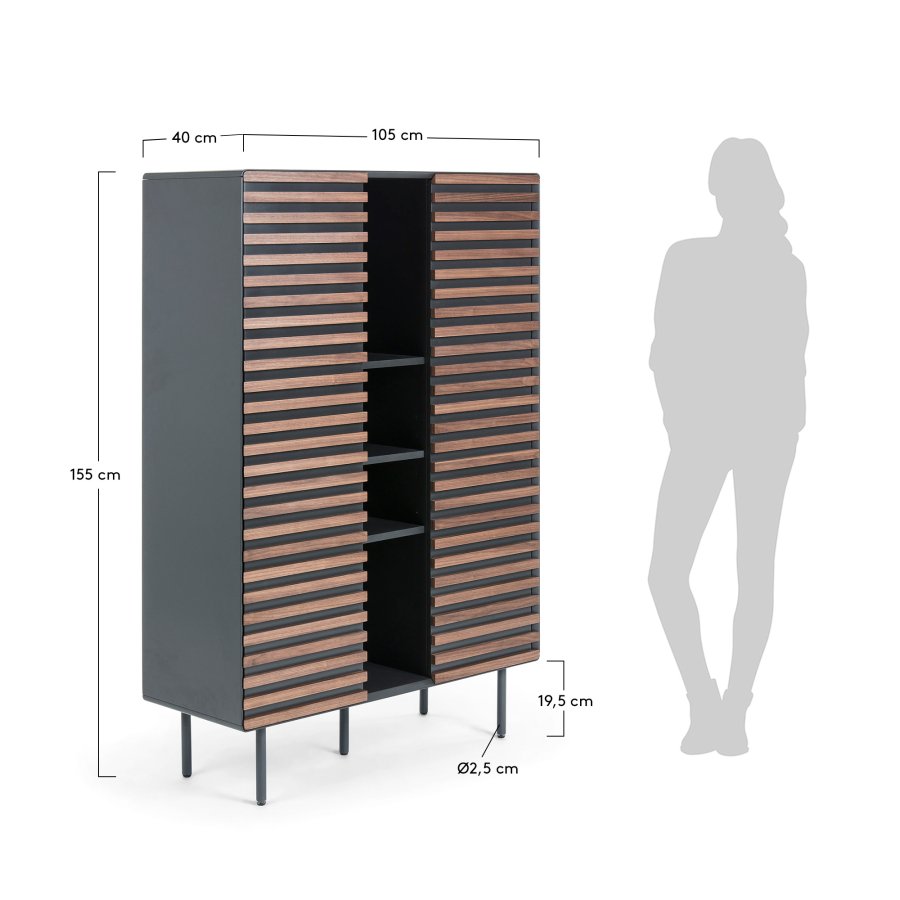 KAVE HOME Mahon skap - valnttfiner og grsvart metall og tre, m. 2 drer og 14 hyller