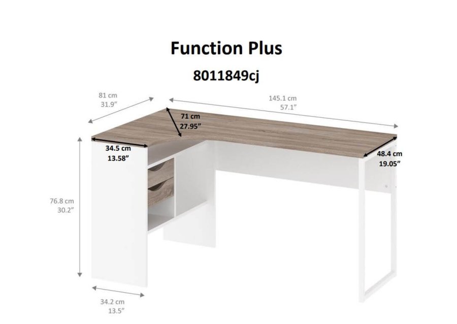 
TVILUM Function Plus hjørneskrivebord - natur laminat, rektangulært, 2 skuffer

