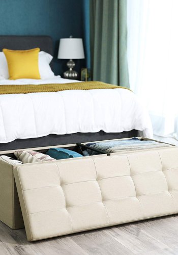 SONGMICS Hopf&auml;llbar f&ouml;rvaringspuff, tuftad b&auml;nk, fotpall med lock, konstlinnetyg, 120 l, rymmer upp till 300 kg, 110 x 38 x 38 cm (L x B x H), beige LSF77BE